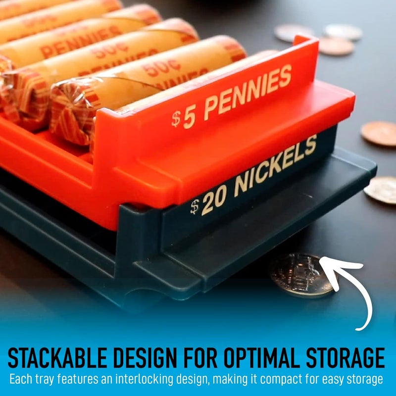 Nadex 4-Pack Rolled Coin Storage Organizer Tray Set with Ridges for Loose Coins | Quarters, Dimes, Nickles, and Penny Color Coded Trays - Image 5
